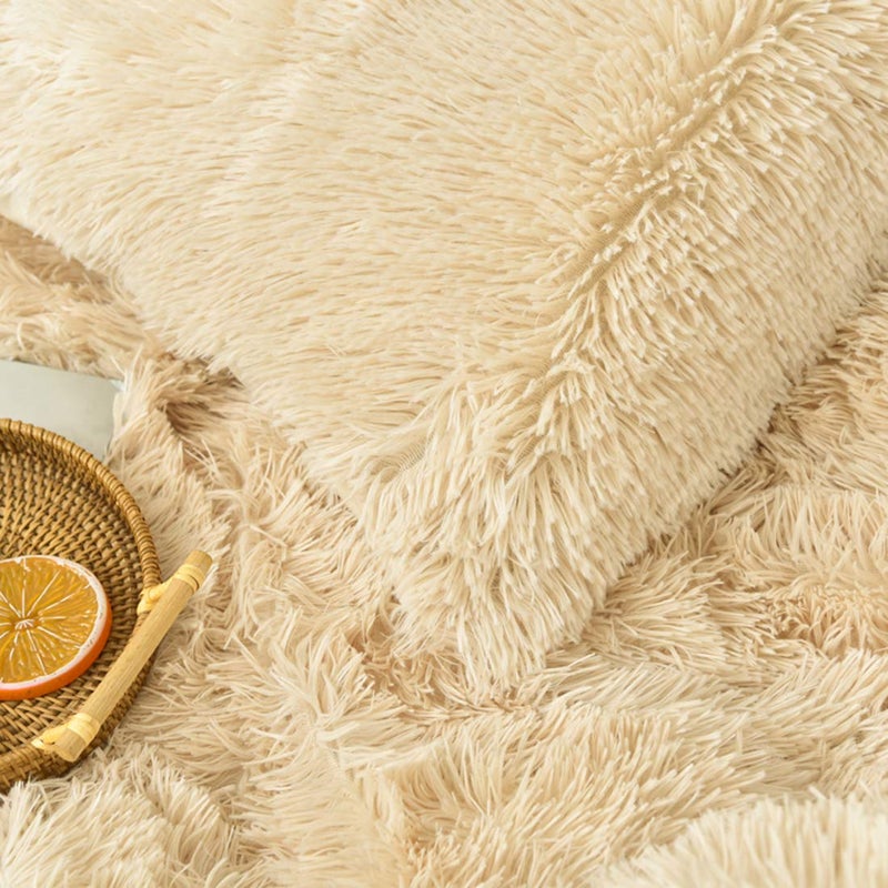MorroMorn 5 PCS Shaggy Duvet Cover Bedding Set - Fluffy Comforter Cover Long Faux Fur Luxury Ultra Soft Cozy (Khaki, Full/Queen) - Image 3